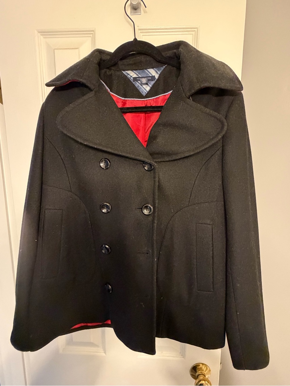 Tommy Hilfiger Black Pea Coat with Red Lining
